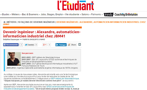 Devenir ingénieur : Alexandre, automaticien-informaticien industriel chez JBM41 Devenir ingénieur : Alexandre, automaticien-informaticien industriel chez JBM41