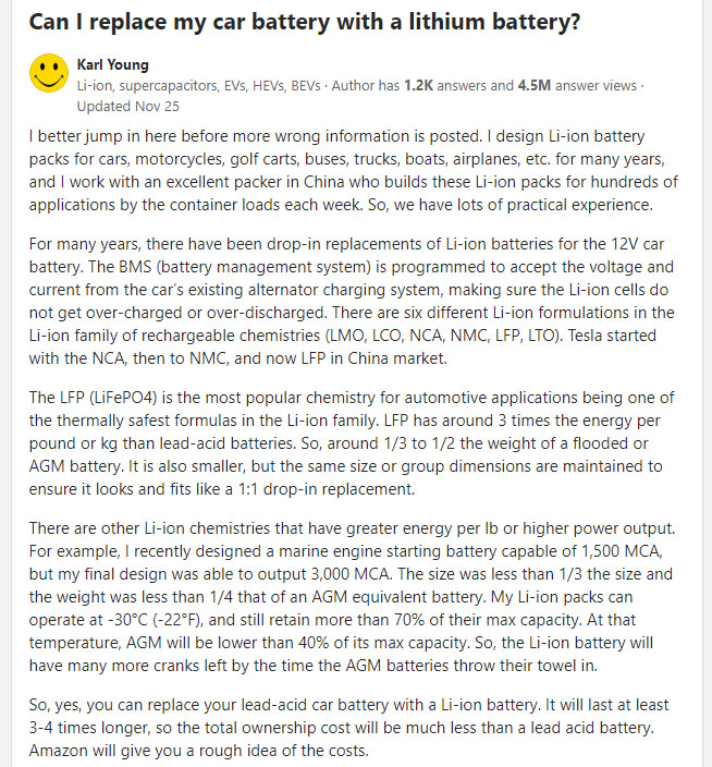 Can I replace my car battery with a lithium battery?